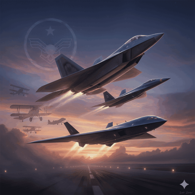 /imagine prompt: Cinematic composite illustration for featured article, modern stealth aircraft (F-22 + futuristic NGAD fighter) rising in center, B-21 Raider stealth bomber taking off on runway at twilight, background left: faded silhouettes of WWI biplane, WWII bomber, Cold War F-15, sky with dramatic dusk colors and faint USAF roundel cloud pattern, heroic symbolism, legacy blending into future, documentary-cinematic realism, ultra-detailed, 16:9 --ar 16:9 --v 6.1 --style raw --seed 7818 --no text, watermark, cartoon