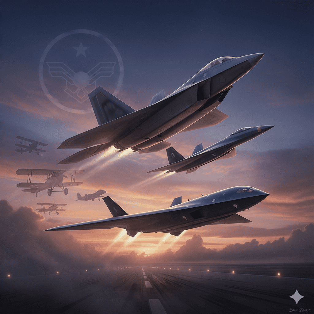 /imagine prompt: Cinematic composite illustration for featured article, modern stealth aircraft (F-22 + futuristic NGAD fighter) rising in center, B-21 Raider stealth bomber taking off on runway at twilight, background left: faded silhouettes of WWI biplane, WWII bomber, Cold War F-15, sky with dramatic dusk colors and faint USAF roundel cloud pattern, heroic symbolism, legacy blending into future, documentary-cinematic realism, ultra-detailed, 16:9 --ar 16:9 --v 6.1 --style raw --seed 7818 --no text, watermark, cartoon