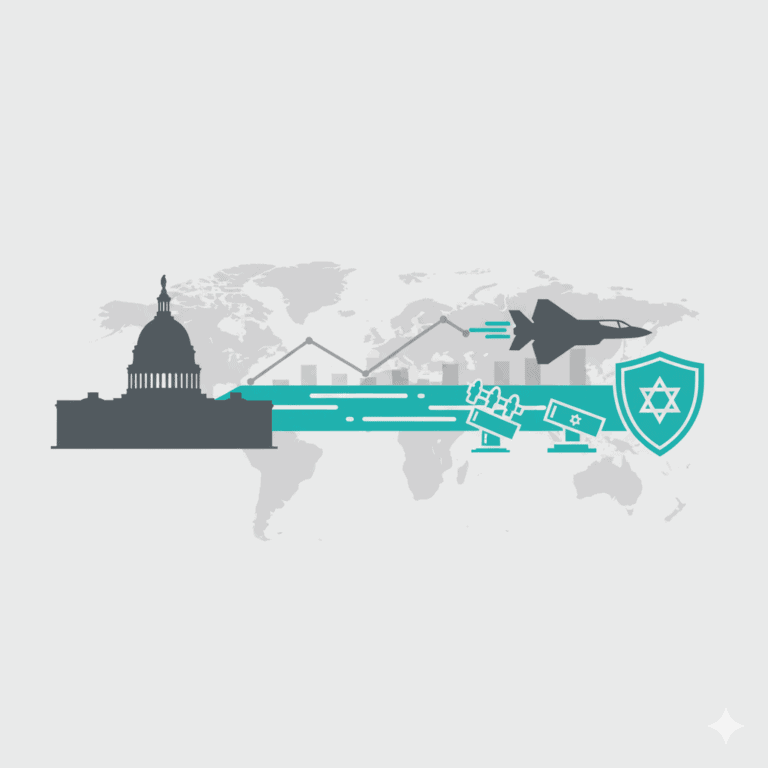 Editorial illustration of U.S. Capitol and Israel defense systems symbolizing Trump’s America First foreign aid paradox