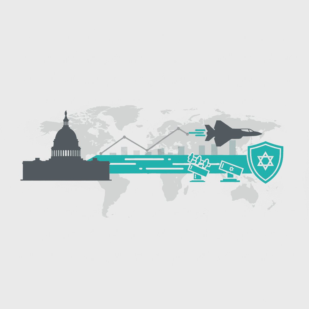 Editorial illustration of U.S. Capitol and Israel defense systems symbolizing Trump’s America First foreign aid paradox