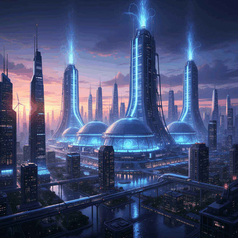 “Cinematic illustration of a futuristic fusion reactor glowing blue, powering a clean modern city at dusk.”