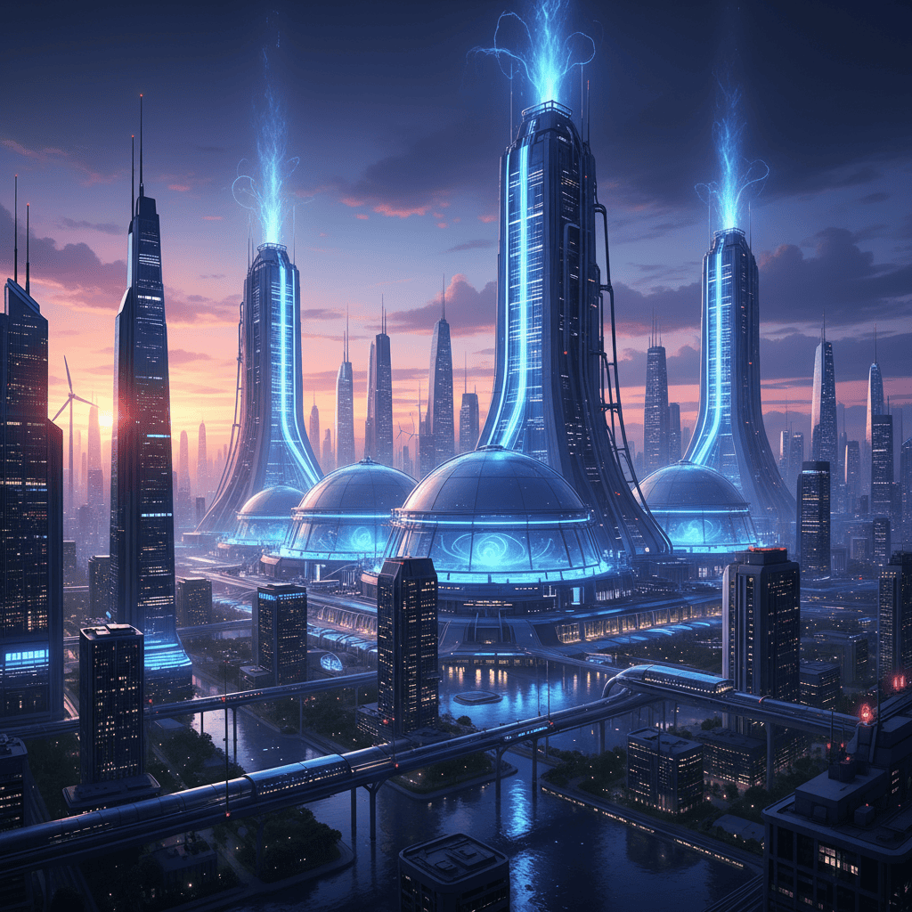 “Cinematic illustration of a futuristic fusion reactor glowing blue, powering a clean modern city at dusk.”