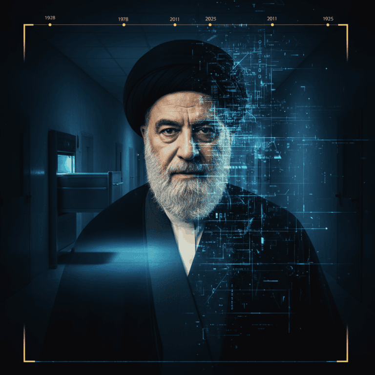 Featured image: Imam Musa al-Sadr fading into forensic digital scanlines with Tripoli morgue in background – symbolizing the vanished Imam mystery