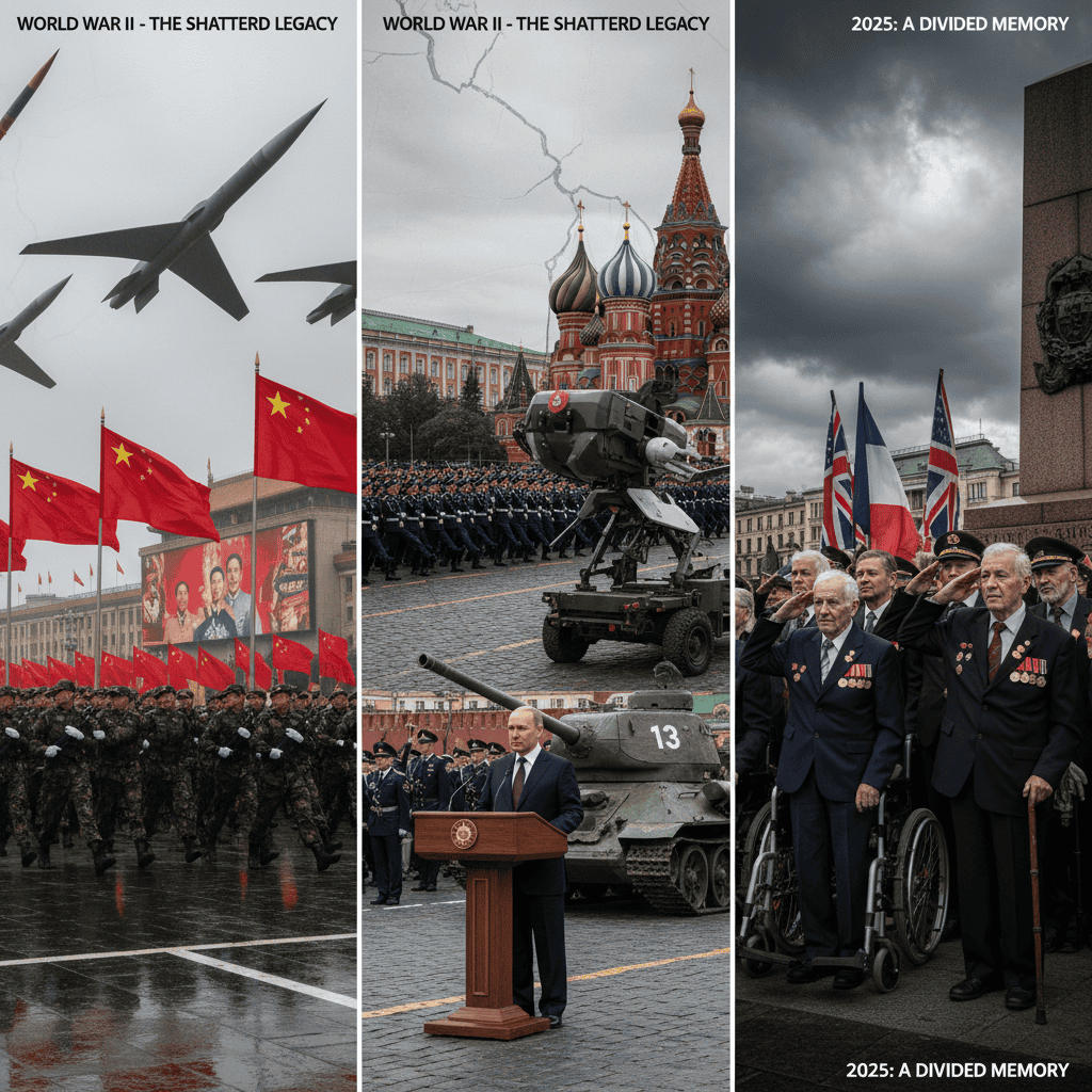 “Cinematic wide-angle collage showing fractured memories of World War II in 2025. On the left: Chinese military parade in Tiananmen Square with hypersonic missiles and drones flying overhead, red flags everywhere. In the center: Russian Red Square with soldiers marching, Putin at a podium, and a WWII T-34 tank beside a modern drone. On the right: solemn Western veterans in wheelchairs saluting at a memorial with American, British, and French flags. Background: a cracked world map faintly overlaid, symbolizing fractured global memory. Style: photorealistic, high-contrast lighting, editorial magazine cover aesthetic, widescreen aspect ratio.”