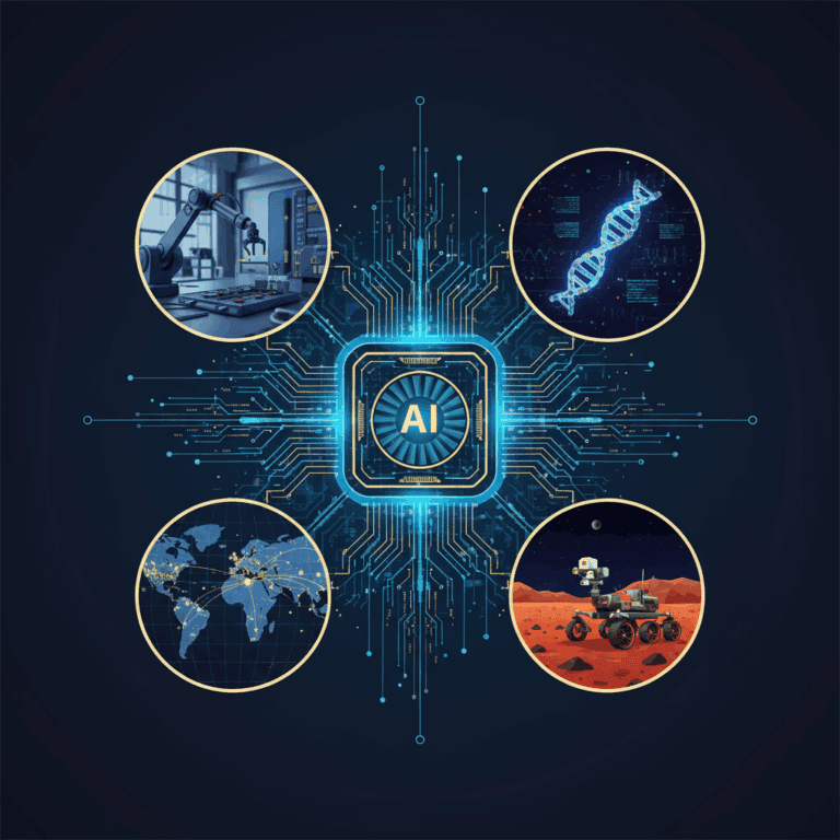 Editorial montage showing AI as an acceleration engine: robotics, biology, clean energy, and space exploration.