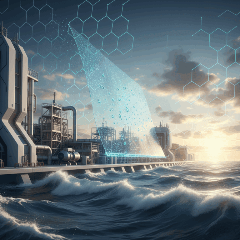 Featured image showing desalination plant with graphene lattice overlay and sunrise