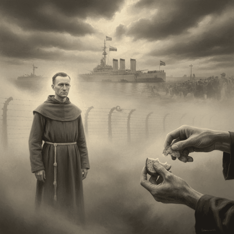 Symbolic montage of anonymous heroism in WWII, featuring Maximilian Kolbe, prisoners sharing bread, Auschwitz fence, and USS Missouri surrender scene under hopeful light