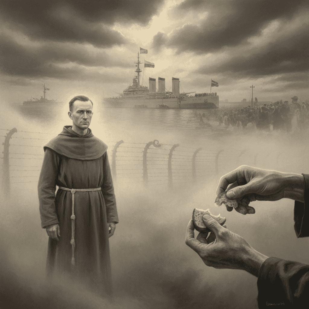 Symbolic montage of anonymous heroism in WWII, featuring Maximilian Kolbe, prisoners sharing bread, Auschwitz fence, and USS Missouri surrender scene under hopeful light