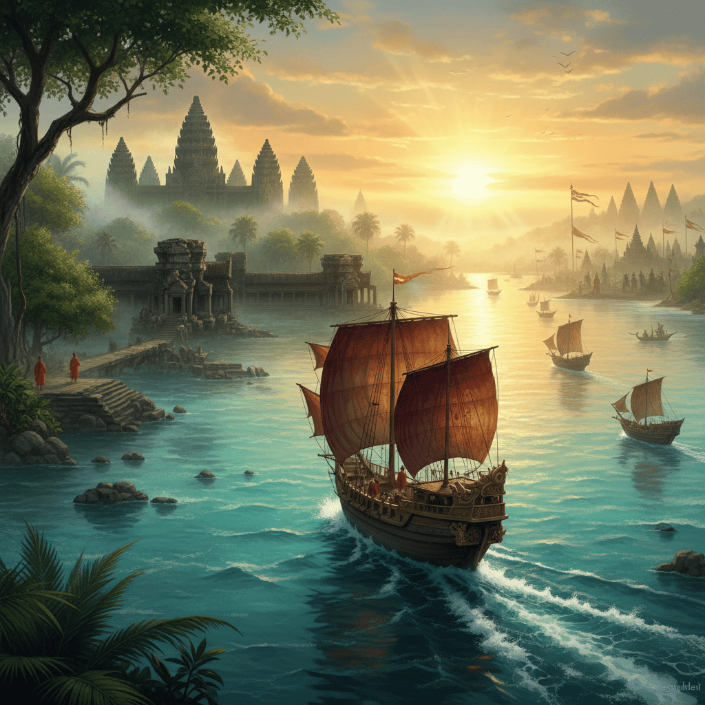 Featured image showing a Srivijayan ship, Angkor Wat temples, and Majapahit court elements symbolizing Southeast Asia’s pre-colonial empires.