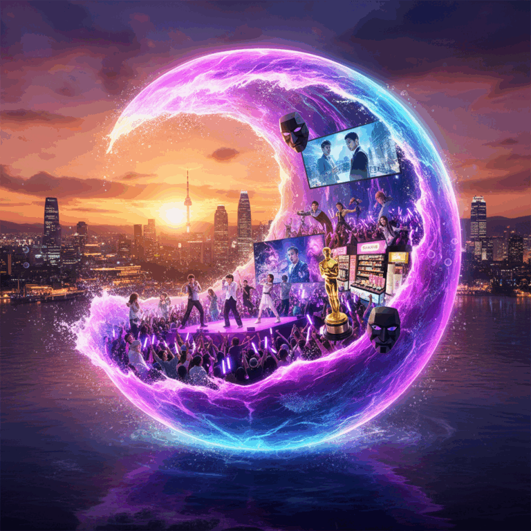 “Featured artwork showing the Korean Wave sweeping across the globe with K-pop, K-dramas, K-beauty, and Seoul skyline.”