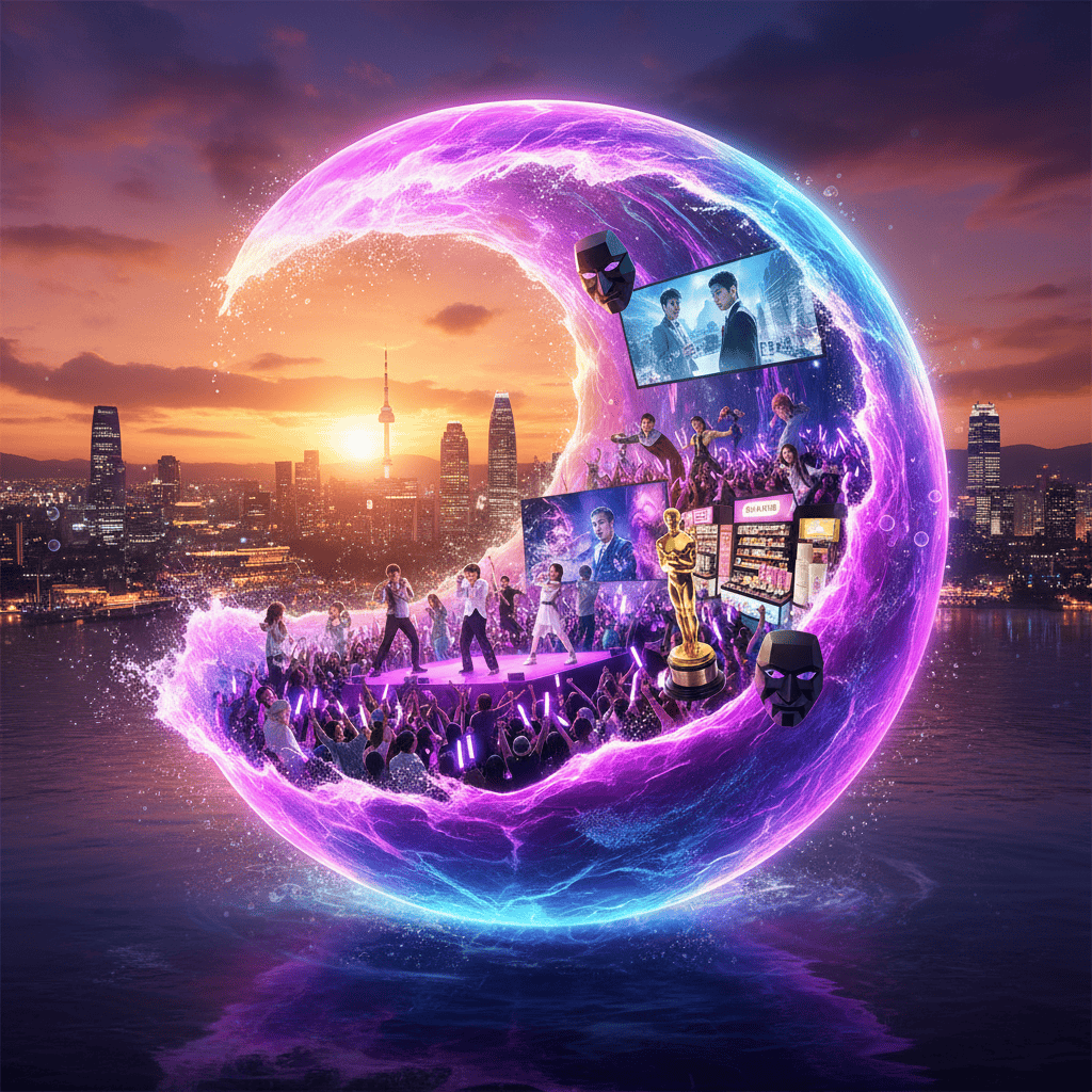 “Featured artwork showing the Korean Wave sweeping across the globe with K-pop, K-dramas, K-beauty, and Seoul skyline.”