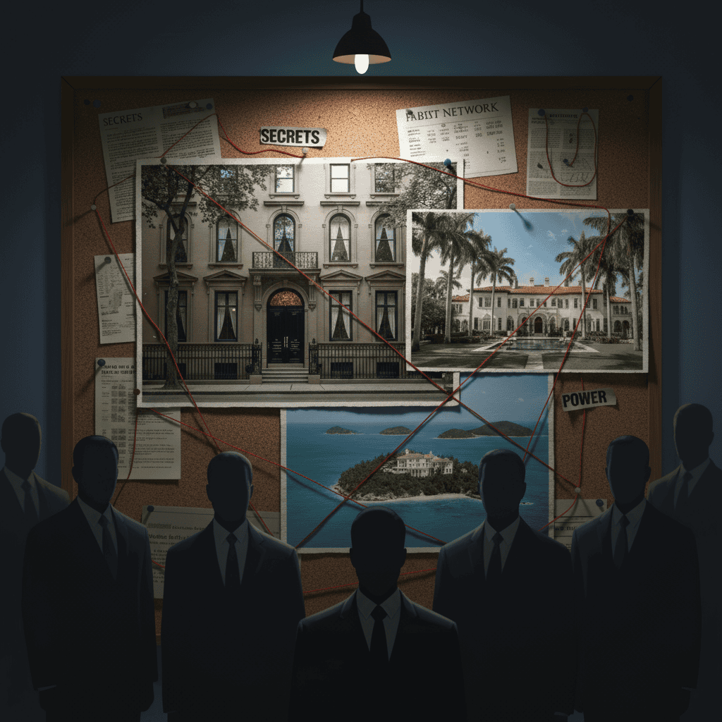 Investigative board illustration connecting Epstein’s properties with red strings and shadowy elite figures in the background.