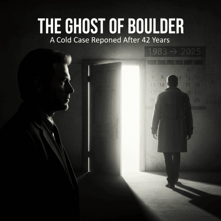 Symbolic cover illustration showing Robert Redford’s silhouette, a fugitive’s shadow, and a partially open door representing the 40-year unresolved Sid Wells murder case.