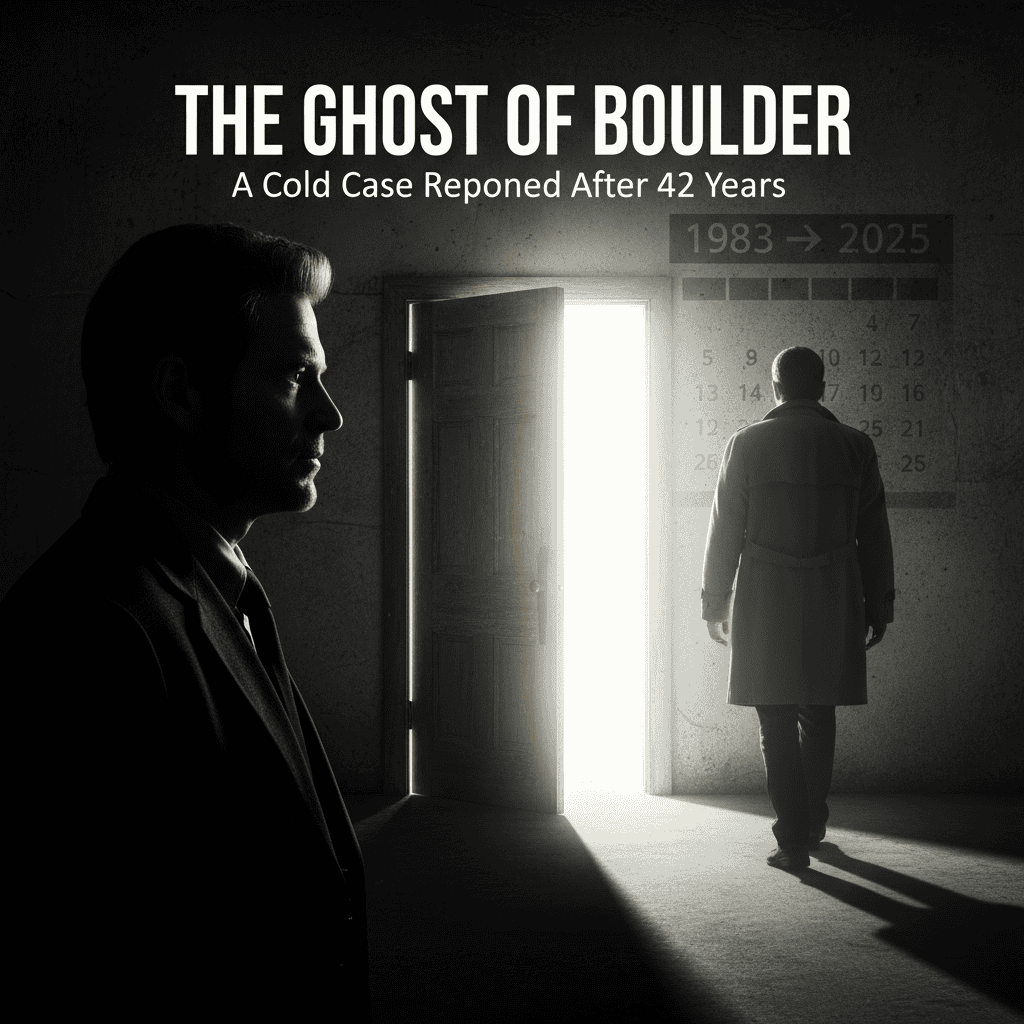 Symbolic cover illustration showing Robert Redford’s silhouette, a fugitive’s shadow, and a partially open door representing the 40-year unresolved Sid Wells murder case.