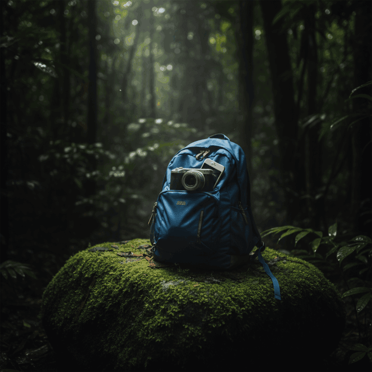 A blue backpack with a phone and camera resting on mossy jungle rock in Panama, symbolizing the mysterious disappearance of Kris Kremers and Lisanne Froon.