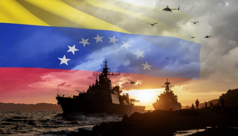 “Featured banner showing U.S. warships, Venezuelan flag, oil symbols, and refugee silhouettes under stormy skies.”
