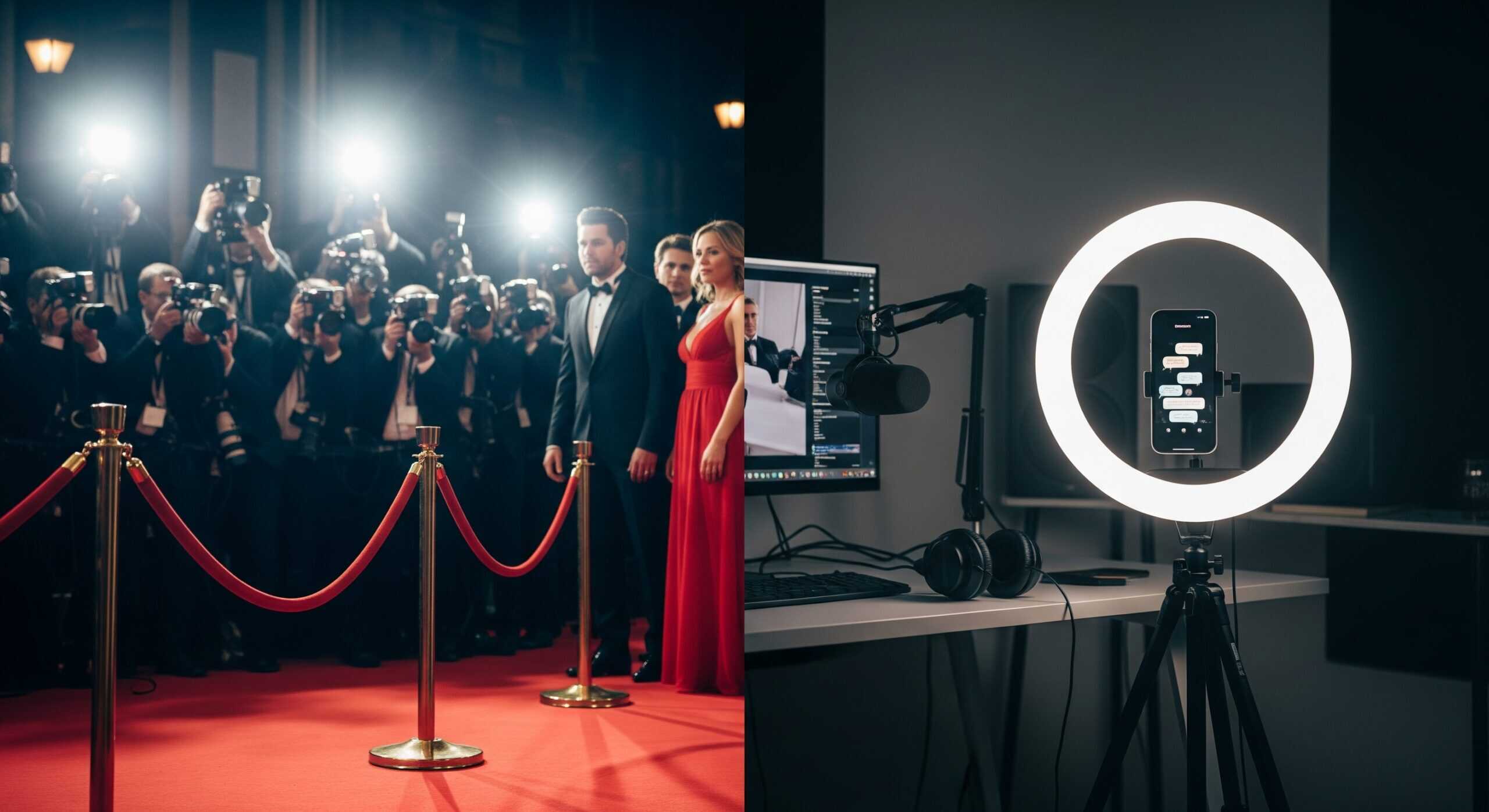 Split-screen of red-carpet flashbulbs and a creator’s ring-light studio, symbolizing fame’s shift.